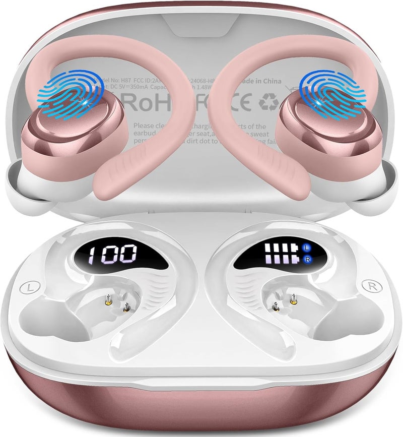 Hupoaf Wireless Earbuds Sport, New Bluetooth 5.4 Headphones with Earhooks, 50H Stereo Deep Bass Over Ear Buds with 4 ENC Noise Canceling Mics, IP7 Waterproof Earphones for Running Workout Gym -Rose - Image 1
